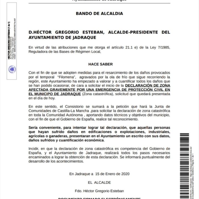 Bando Alcaldía DECLARACIÓN DE ZONA AFECTADA