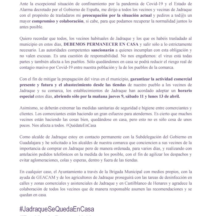 Ayuntamiento de Jadraque  Carta a los vecin@s