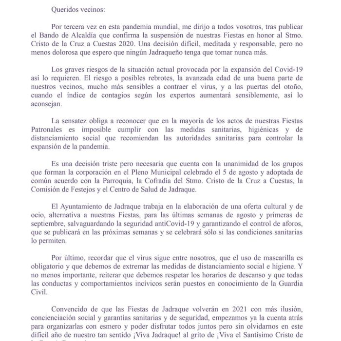 Carta a los vecinos fiestas